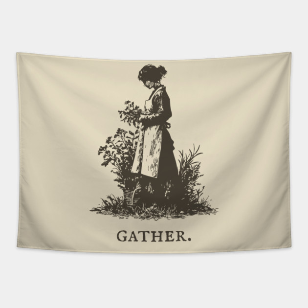Gather Flowers in an Apron Vintage Illustration Tapestry by TuncGK