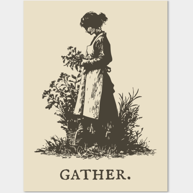 Gather Flowers in an Apron Vintage Illustration Wall Art by TuncGK