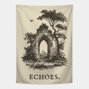 Overgrown Abbey Ruins Vintage Illustration Tapestry