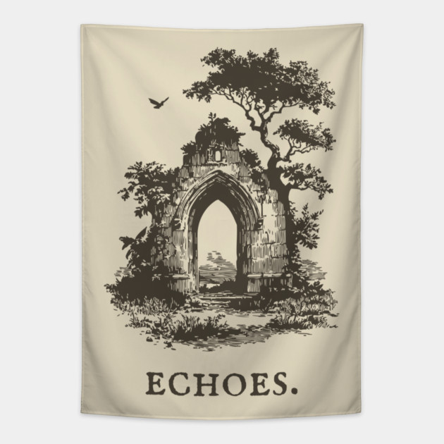 Overgrown Abbey Ruins Vintage Illustration Tapestry by TuncGK