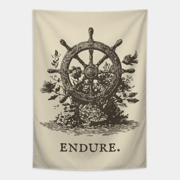 Endure Overgrown Ship's Wheel Illustration Tapestry by TuncGK