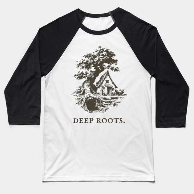 Deep Roots Tree House Fantasy Illustration Baseball T-Shirt by TuncGK