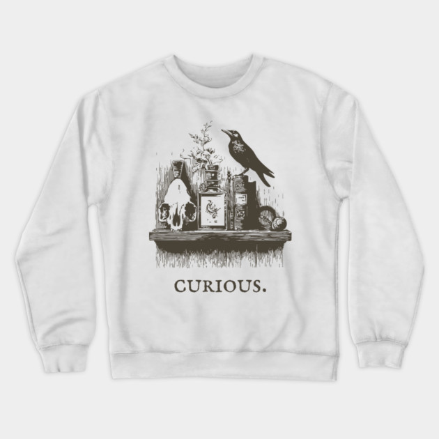 Curious Crow and Cabinet of Curiosities Illustration Crewneck Sweatshirt by TuncGK