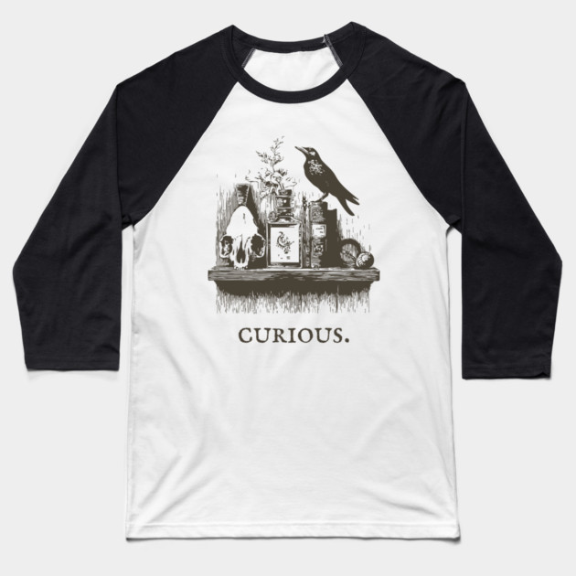 Curious Crow and Cabinet of Curiosities Illustration Baseball T-Shirt by TuncGK