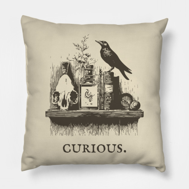 Curious Crow and Cabinet of Curiosities Illustration Pillow by TuncGK
