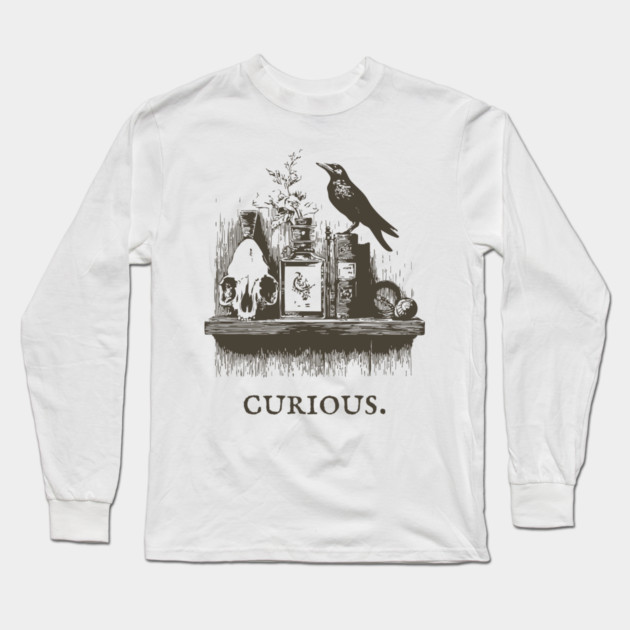 Curious Crow and Cabinet of Curiosities Illustration Long Sleeve T-Shirt by TuncGK