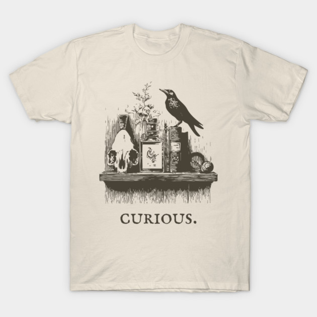 Curious Crow and Cabinet of Curiosities Illustration T-Shirt by TuncGK