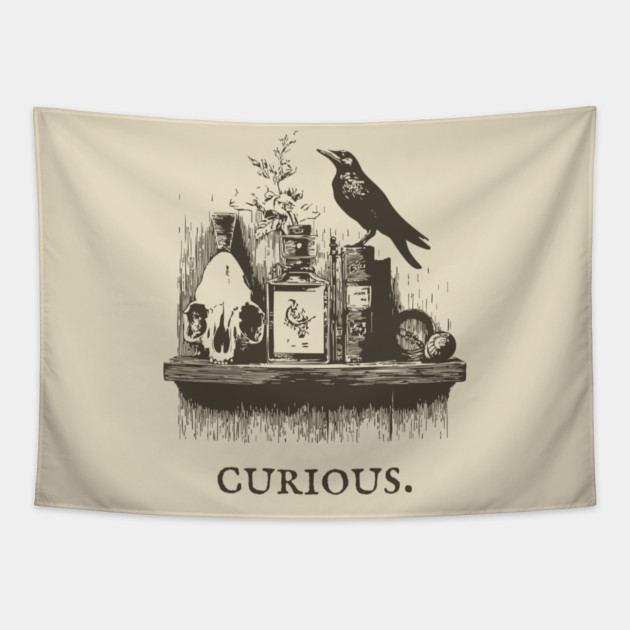 Curious Crow and Cabinet of Curiosities Illustration Tapestry by TuncGK
