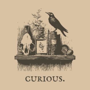 Curious Crow and Cabinet of Curiosities Illustration T-Shirt