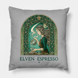 Elven Espresso — Art Nouveau Elf Barista Coffee Lover Design - Fantasy Pillow