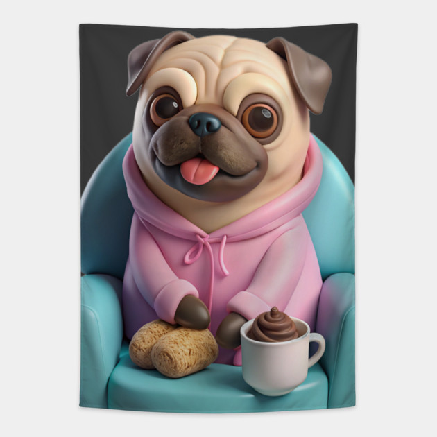 Cute Coffee Fat Pug – Funny Dog Lover Design Tapestry by IamActiveDog