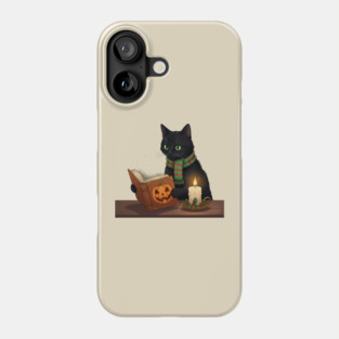 Black Cat Reading Halloween Book by Candlelight Phone Case