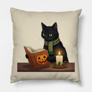 Black Cat Reading Halloween Book by Candlelight Pillow