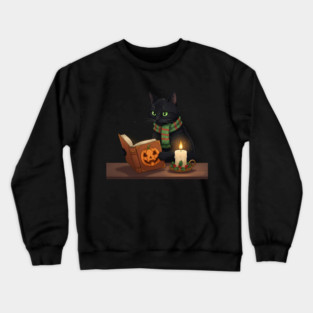 Black Cat Reading Halloween Book by Candlelight Crewneck Sweatshirt