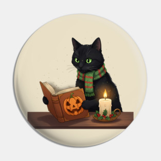 Black Cat Reading Halloween Book by Candlelight Pin