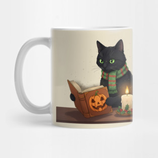 Black Cat Reading Halloween Book by Candlelight Mug