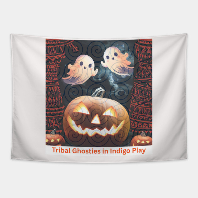 Tribal Ghosties in Indigo Play – Cute Hmong Spirit Glow Tapestry by Pimcolle