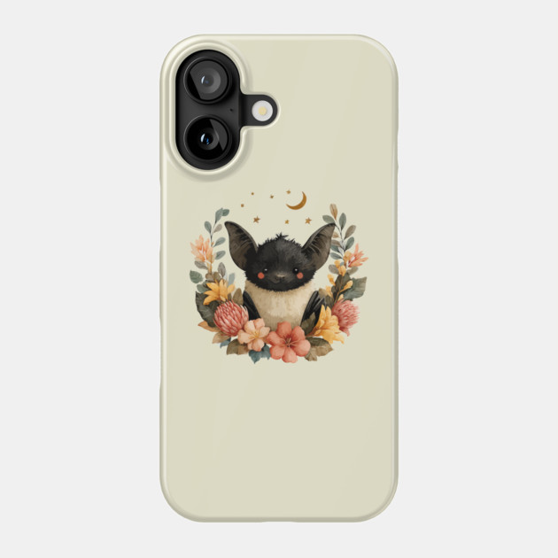 Whimsical Bat & Moon in a Floral Wreath - Gothic Cottagecore Art Phone Case by TuncGK