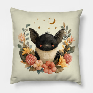 Whimsical Bat & Moon in a Floral Wreath - Gothic Cottagecore Art Pillow