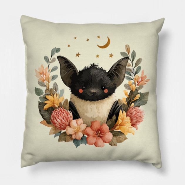 Whimsical Bat & Moon in a Floral Wreath - Gothic Cottagecore Art Pillow by TuncGK