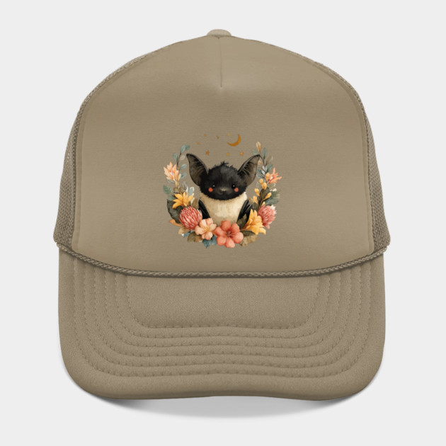 Whimsical Bat & Moon in a Floral Wreath - Gothic Cottagecore Art by TuncGK