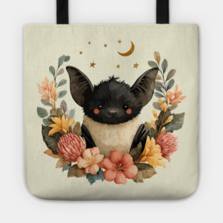 Whimsical Bat & Moon in a Floral Wreath - Gothic Cottagecore Art Tote