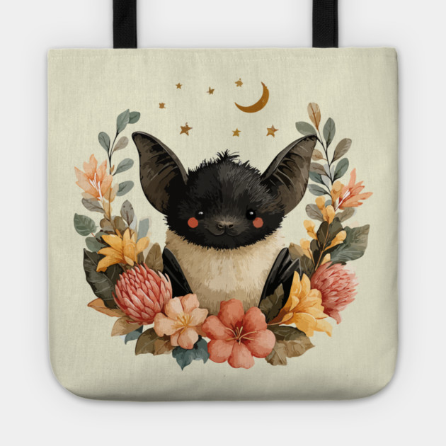 Whimsical Bat & Moon in a Floral Wreath - Gothic Cottagecore Art Tote by TuncGK