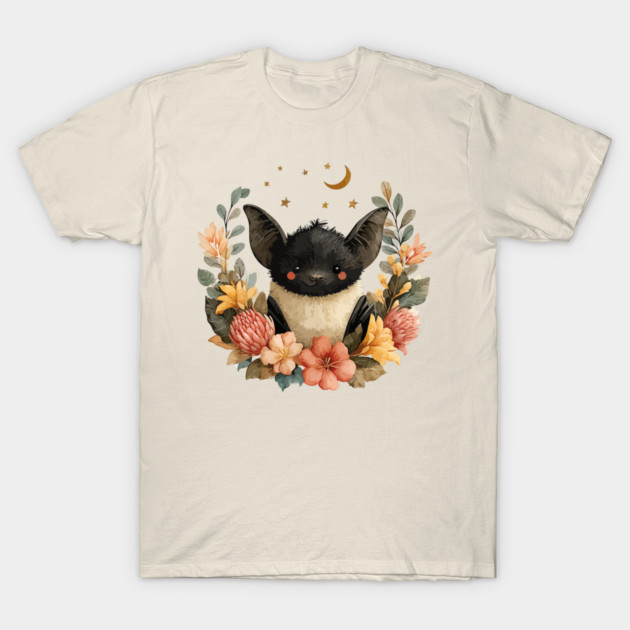 Whimsical Bat & Moon in a Floral Wreath - Gothic Cottagecore Art T-Shirt by TuncGK