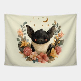 Whimsical Bat & Moon in a Floral Wreath - Gothic Cottagecore Art Tapestry
