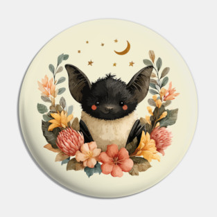 Whimsical Bat & Moon in a Floral Wreath - Gothic Cottagecore Art Pin