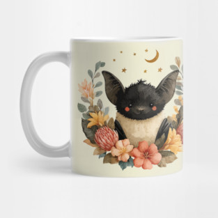 Whimsical Bat & Moon in a Floral Wreath - Gothic Cottagecore Art Mug
