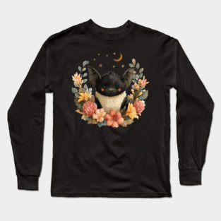 Whimsical Bat & Moon in a Floral Wreath - Gothic Cottagecore Art Long Sleeve T-Shirt