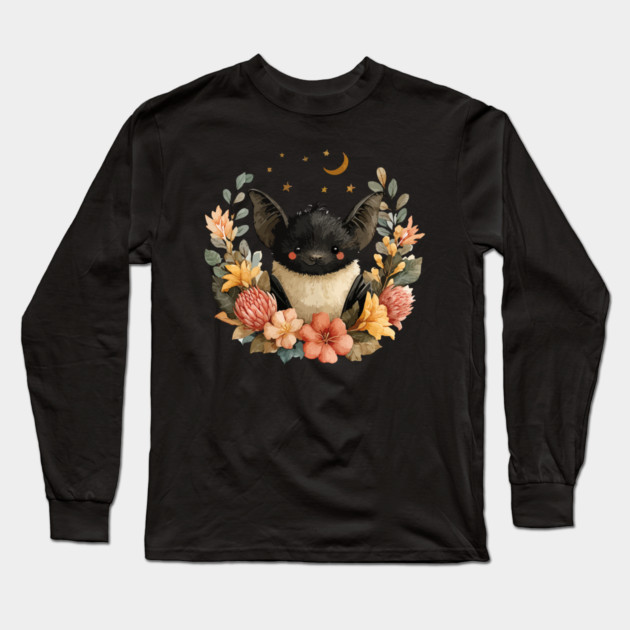 Whimsical Bat & Moon in a Floral Wreath - Gothic Cottagecore Art Long Sleeve T-Shirt by TuncGK