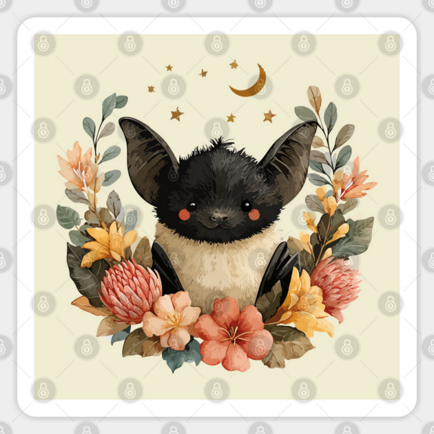 Whimsical Bat & Moon in a Floral Wreath - Gothic Cottagecore Art Sticker by TuncGK