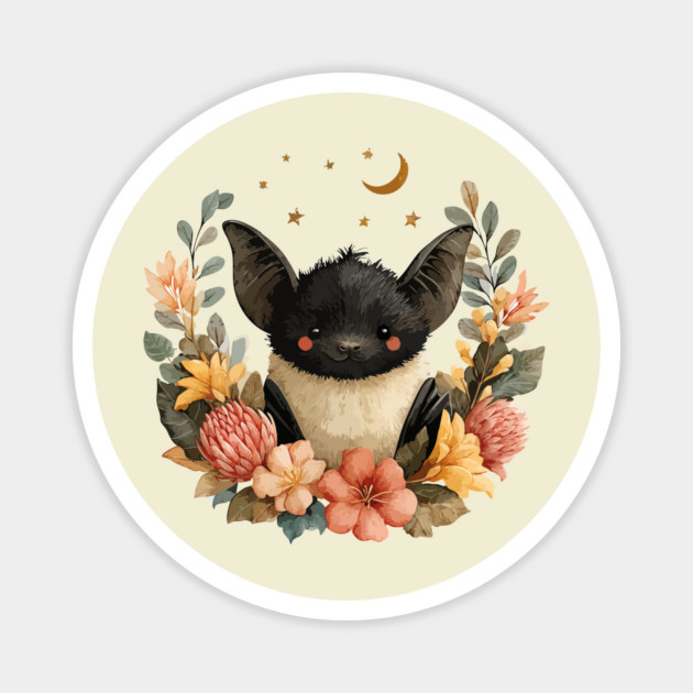 Whimsical Bat & Moon in a Floral Wreath - Gothic Cottagecore Art Magnet by TuncGK