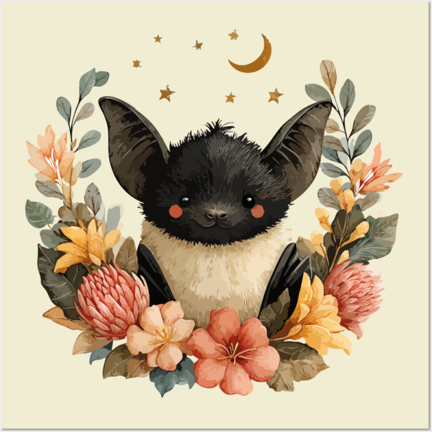 Whimsical Bat & Moon in a Floral Wreath - Gothic Cottagecore Art Wall Art by TuncGK