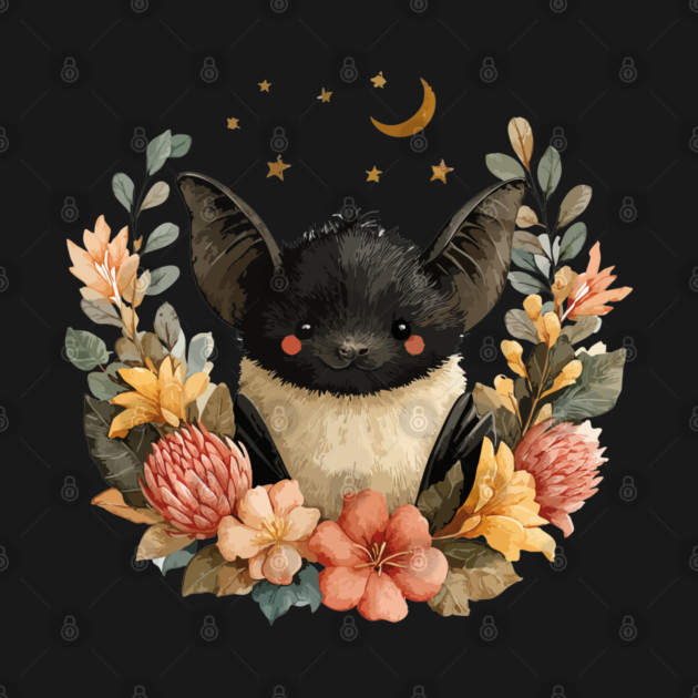 Whimsical Bat & Moon in a Floral Wreath - Gothic Cottagecore Art by TuncGK
