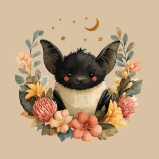 Whimsical Bat & Moon in a Floral Wreath - Gothic Cottagecore Art T-Shirt