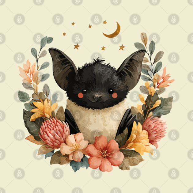Whimsical Bat & Moon in a Floral Wreath - Gothic Cottagecore Art by TuncGK