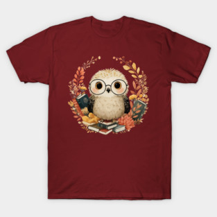 Wise Owl Scholar in a Floral Wreath - Dark Academia Folk Art T-Shirt