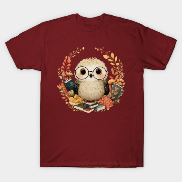 Wise Owl Scholar in a Floral Wreath - Dark Academia Folk Art T-Shirt by TuncGK