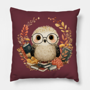 Wise Owl Scholar in a Floral Wreath - Dark Academia Folk Art Pillow