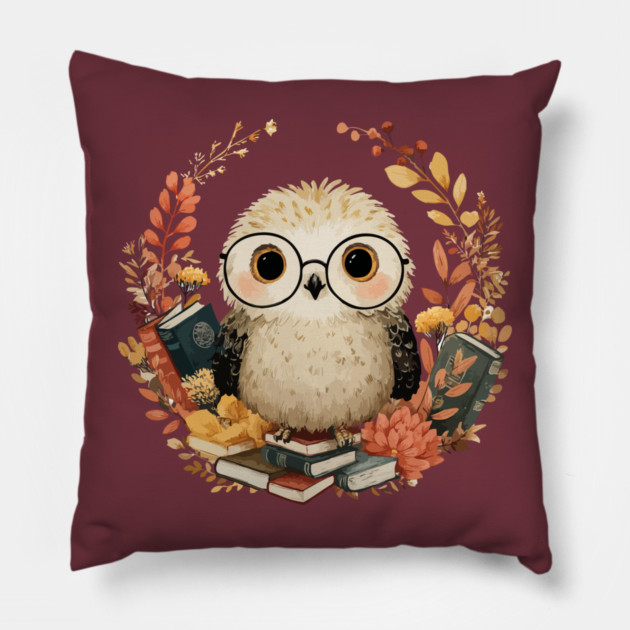 Wise Owl Scholar in a Floral Wreath - Dark Academia Folk Art Pillow by TuncGK