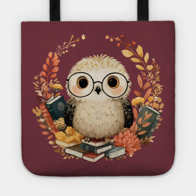 Wise Owl Scholar in a Floral Wreath - Dark Academia Folk Art Tote by TuncGK