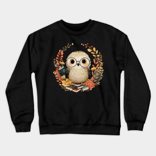 Wise Owl Scholar in a Floral Wreath - Dark Academia Folk Art Crewneck Sweatshirt by TuncGK