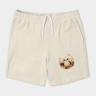 Wise Owl Scholar in a Floral Wreath - Dark Academia Folk Art Shorts
