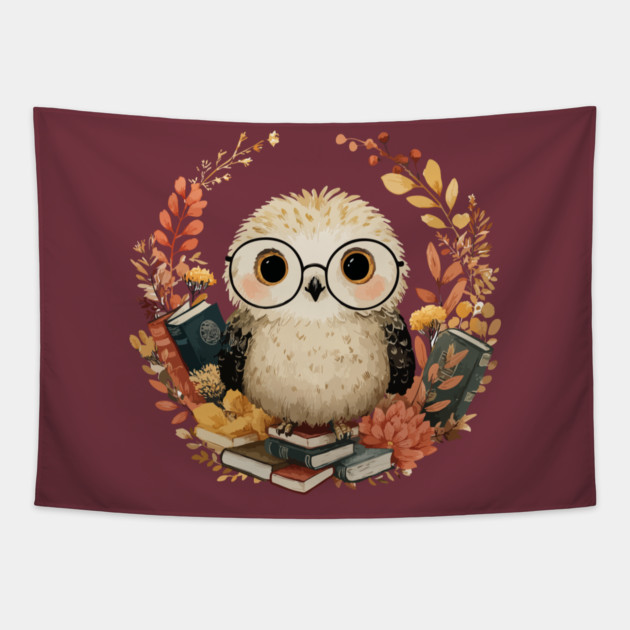 Wise Owl Scholar in a Floral Wreath - Dark Academia Folk Art Tapestry by TuncGK