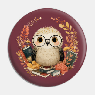Wise Owl Scholar in a Floral Wreath - Dark Academia Folk Art Pin