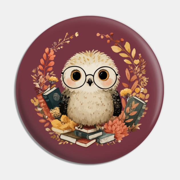 Wise Owl Scholar in a Floral Wreath - Dark Academia Folk Art Pin by TuncGK
