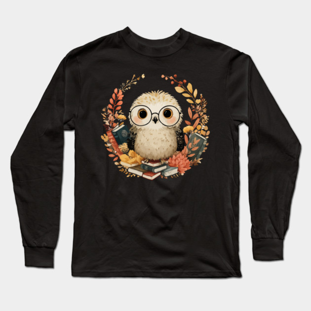 Wise Owl Scholar in a Floral Wreath - Dark Academia Folk Art Long Sleeve T-Shirt by TuncGK